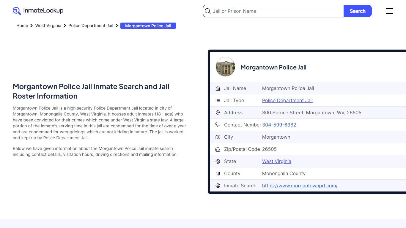 Morgantown Police Jail Inmate Search and Jail Roster Information